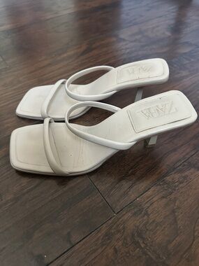 ZARA Cream Minimal Square-Toe Strappy Mid-Heels